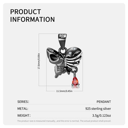 Schwarze Silberhalskette mit Totenkopfanhänger in Schmetterlingsform