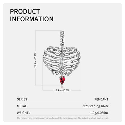 Silberhalskette mit Skelett-Herz-Anhänger und rotem Zirkon-Kristall
