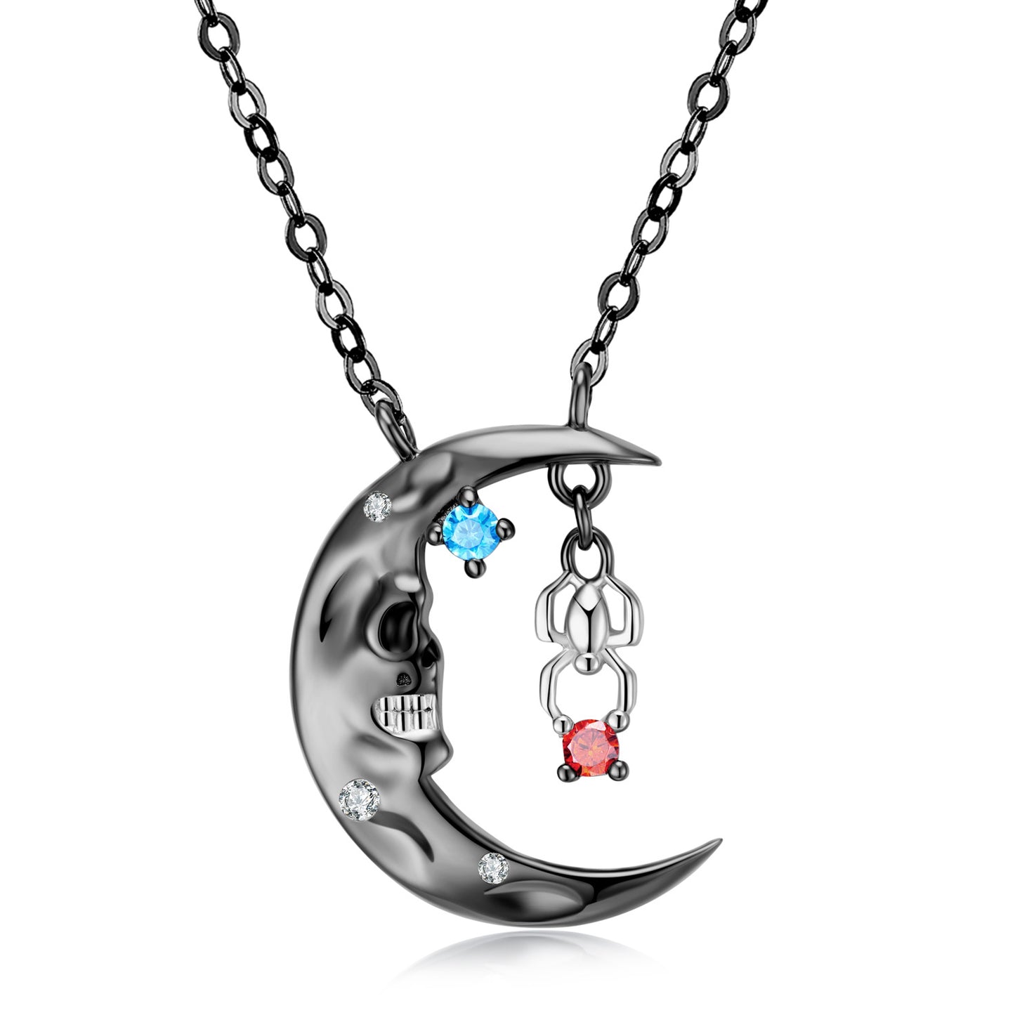 Black Silver Necklace - Magical Moon with Mysterious Face