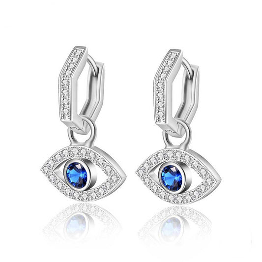 Sparkling silver earrings with evil eye pendant, Nazar silver earrings