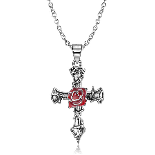 Silberne Kreuz-Halskette mit Rose, elegante Kreuzkette aus Silber