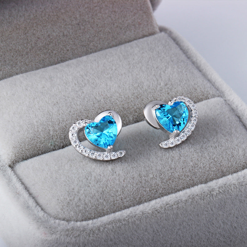 Heart earrings in sterling silver blue zircon crystal