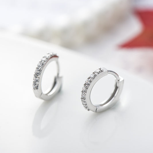 Sparkling silver hoop earrings with zircon crystals - trendy Korean style earrings