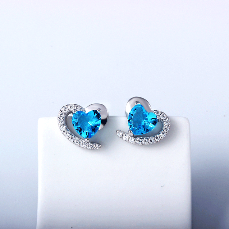 Heart earrings in sterling silver blue zircon crystal