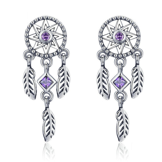 Silver dream catcher earrings with zircon crystals